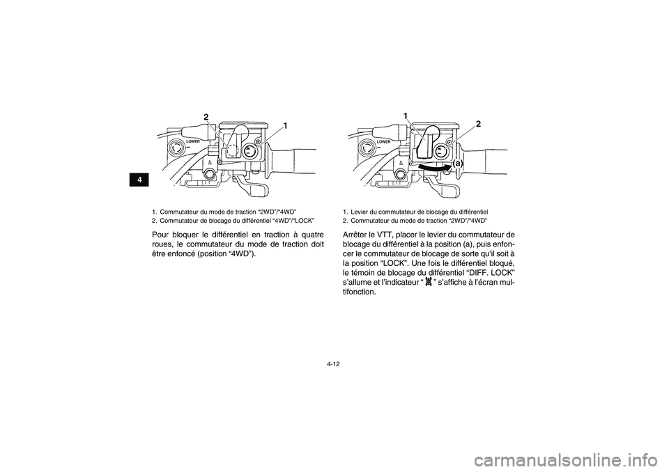 YAMAHA GRIZZLY 700 2007  Notices Demploi (in French) 4-12
4
Pour bloquer le différentiel en traction à quatre
roues, le commutateur du mode de traction doit
être enfoncé (position “4WD”).Arrêter le VTT, placer le levier du commutateur de
blocag