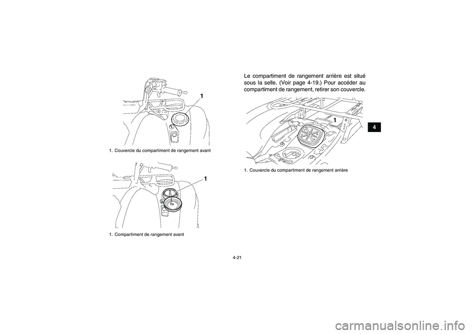 YAMAHA GRIZZLY 700 2007  Notices Demploi (in French) 4-21
4 Le compartiment de rangement arrière est situé
sous la selle. (Voir page 4-19.) Pour accéder au
compartiment de rangement, retirer son couvercle.
1. Couvercle du compartiment de rangement av