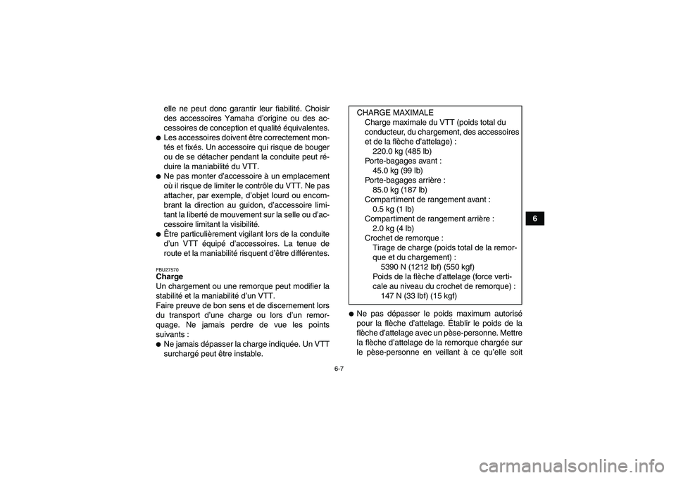 YAMAHA GRIZZLY 700 2007  Notices Demploi (in French) 6-7
6 elle ne peut donc garantir leur fiabilité. Choisir
des accessoires Yamaha d’origine ou des ac-
cessoires de conception et qualité équivalentes.
Les accessoires doivent être correctement m