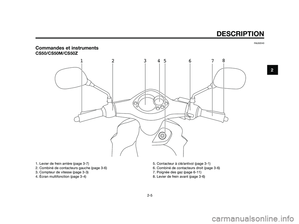 YAMAHA JOG50R 2015 Manuale de Empleo (in Spanish) FAU32240
Commandes et instruments
CS50/CS50M/CS50Z
1
234
5
678
DESCRIPTION
2-5
2
1. Levier de frein arrière (page 3-7)
2. Combiné de contacteurs gauche (page 3-6)
3. Compteur de vitesse (page 3-3)
4 YAMAHA JOG50R 2015 Manuale de Empleo (in Spanish) FAU32240
Commandes et instruments
CS50/CS50M/CS50Z
1
234
5
678
DESCRIPTION
2-5
2
1. Levier de frein arrière (page 3-7)
2. Combiné de contacteurs gauche (page 3-6)
3. Compteur de vitesse (page 3-3)
4