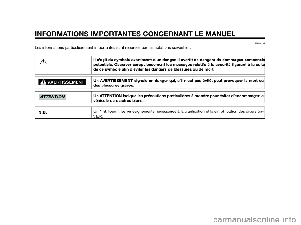 YAMAHA JOG50R 2015  Notices Demploi (in French) FAU10132
Les informations particulièrement importantes sont repérées par les notations suivantes :
INFORMATIONS IMPORTANTES CONCERNANT LE MANUEL
Il s’agit du symbole avertissant d’un danger. Il