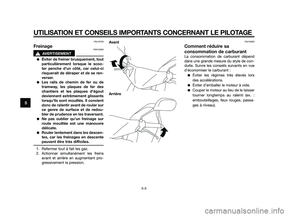 YAMAHA JOG50R 2015 Manuale de Empleo (in Spanish) FAU16793
FreinageFWA10300
sAVERTISEMENT
●Éviter de freiner brusquement, tout
particulièrement lorsque le scoo-
ter penche d’un côté, car celui-ci
risquerait de déraper et de se ren-
verser.
YAMAHA JOG50R 2015 Manuale de Empleo (in Spanish) FAU16793
FreinageFWA10300
sAVERTISEMENT
●Éviter de freiner brusquement, tout
particulièrement lorsque le scoo-
ter penche d’un côté, car celui-ci
risquerait de déraper et de se ren-
verser.