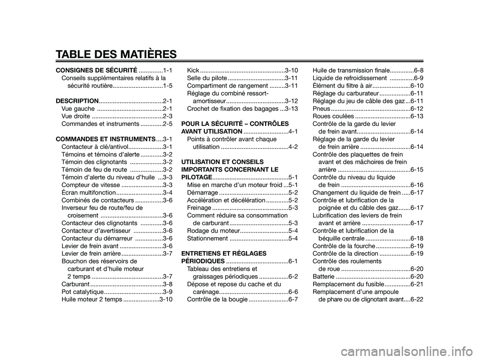 YAMAHA JOG50R 2015  Notices Demploi (in French) CONSIGNES DE SÉCURITÉ..............1-1
Conseils supplémentaires relatifs à la
sécurité routière.............................1-5
DESCRIPTION.....................................2-1
Vue gauche  .