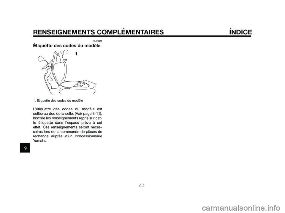 YAMAHA JOG50R 2015 Manuale de Empleo (in Spanish) FAU26490
Étiquette des codes du modèle
1. Étiquette des codes du modèle
L’étiquette des codes du modèle est
collée au dos de la selle. (Voir page 3-11).
Inscrire les renseignements repris sur YAMAHA JOG50R 2015 Manuale de Empleo (in Spanish) FAU26490
Étiquette des codes du modèle
1. Étiquette des codes du modèle
L’étiquette des codes du modèle est
collée au dos de la selle. (Voir page 3-11).
Inscrire les renseignements repris sur