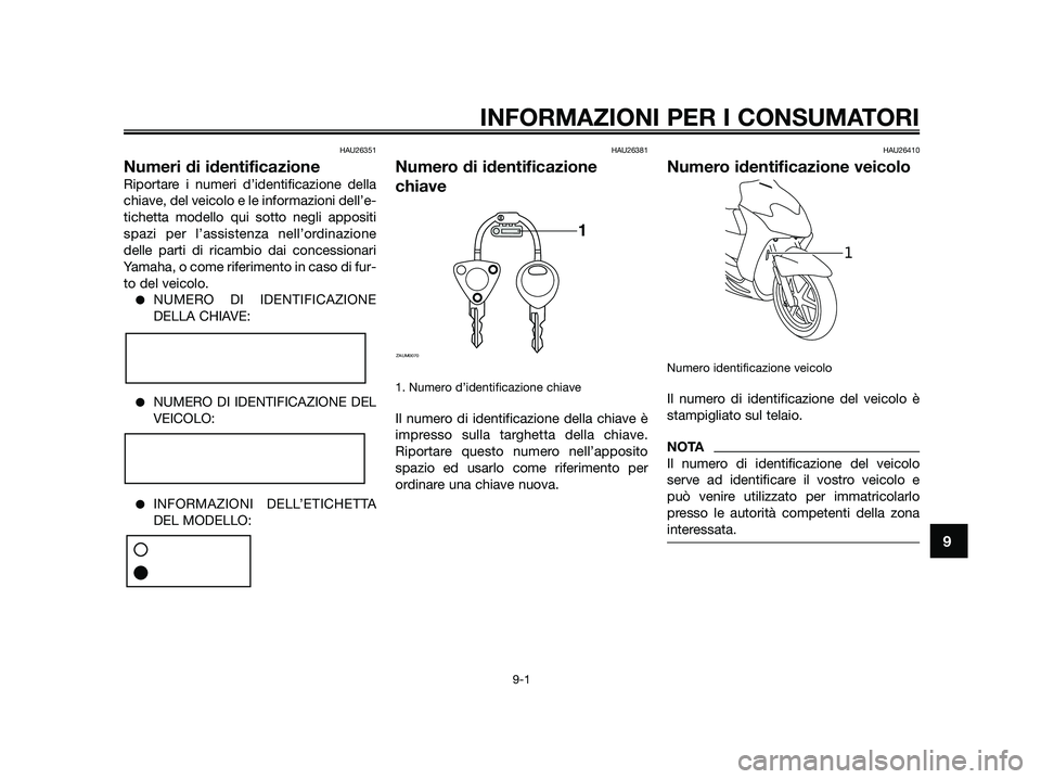 YAMAHA JOG50R 2015 Manuale duso (in Italian) HAU26351
Numeri di identificazione
Riportare i numeri d’identificazione della
chiave, del veicolo e le informazioni dell’e-
tichetta modello qui sotto negli appositi
spazi per l’assistenza nell YAMAHA JOG50R 2015 Manuale duso (in Italian) HAU26351
Numeri di identificazione
Riportare i numeri d’identificazione della
chiave, del veicolo e le informazioni dell’e-
tichetta modello qui sotto negli appositi
spazi per l’assistenza nell