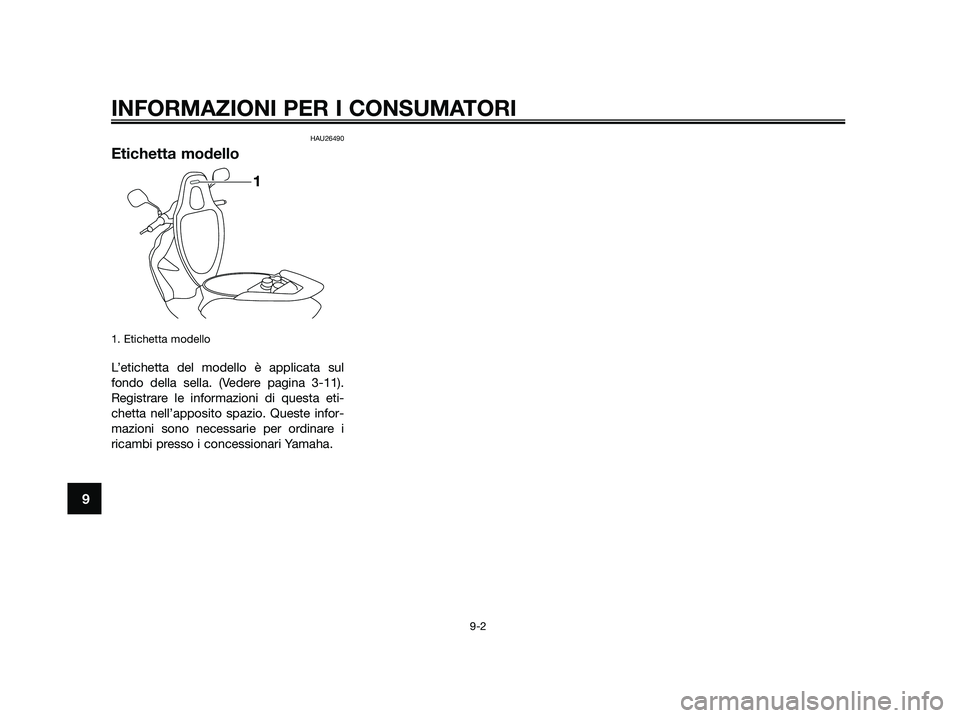 YAMAHA JOG50R 2015 Manuale duso (in Italian) HAU26490
Etichetta modello
1. Etichetta modello
L’etichetta del modello è applicata sul
fondo della sella. (Vedere pagina 3-11).
Registrare le informazioni di questa eti-
chetta nell’apposito spa YAMAHA JOG50R 2015 Manuale duso (in Italian) HAU26490
Etichetta modello
1. Etichetta modello
L’etichetta del modello è applicata sul
fondo della sella. (Vedere pagina 3-11).
Registrare le informazioni di questa eti-
chetta nell’apposito spa