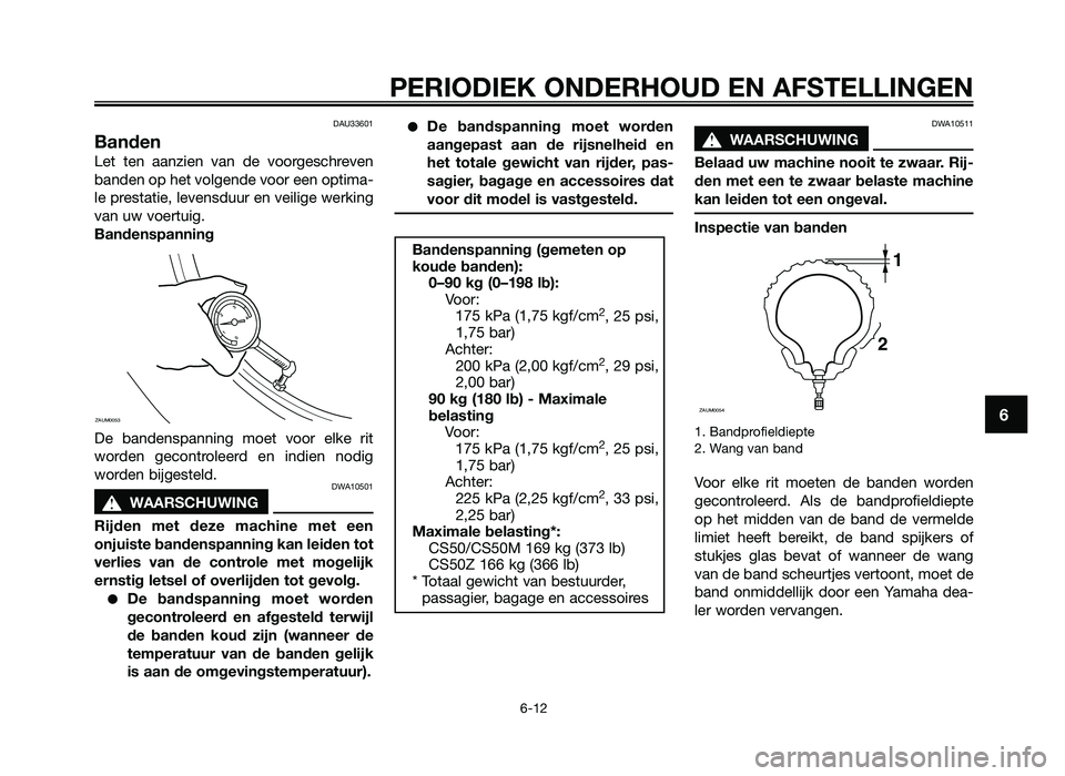 YAMAHA JOG50R 2014  Instructieboekje (in Dutch) DAU33601
Banden
Let  ten  aanzien  van  de  voor\feschreven
\banden op het vol\fende voor een optima-
le prestatie, levensduur en veili\fe werkin\f
van uw voertui\f.
Bandenspanning
De  \bandenspannin\