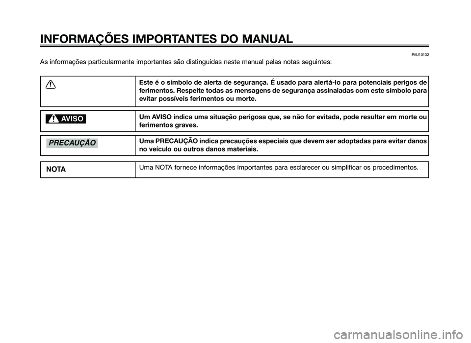 YAMAHA JOG50R 2014 Manual de utilização (in Portuguese) PAU10132
As informações particularmente importantes são distinguidas nes\
te manual pelas notas seguintes:
INFORMAÇÕES IMPORTANTES DO MANUAL
Este é o símbolo de alerta de segurança. É usado p YAMAHA JOG50R 2014 Manual de utilização (in Portuguese) PAU10132
As informações particularmente importantes são distinguidas nes\
te manual pelas notas seguintes:
INFORMAÇÕES IMPORTANTES DO MANUAL
Este é o símbolo de alerta de segurança. É usado p