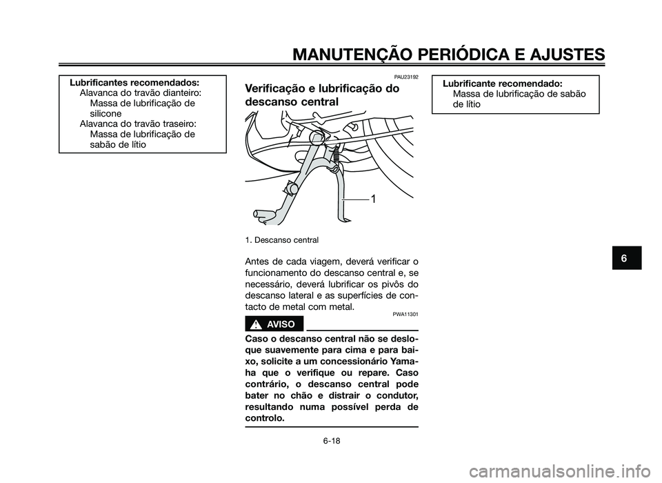 YAMAHA JOG50R 2014 Manual de utilização (in Portuguese) PAU23192
Verificação e lubrificação do
descanso central
1. Descanso central
Antes de cada viagem, deverá verificar o
funcionamento do descanso central e, se
necessário, deverá lubrificar os piv YAMAHA JOG50R 2014 Manual de utilização (in Portuguese) PAU23192
Verificação e lubrificação do
descanso central
1. Descanso central
Antes de cada viagem, deverá verificar o
funcionamento do descanso central e, se
necessário, deverá lubrificar os piv