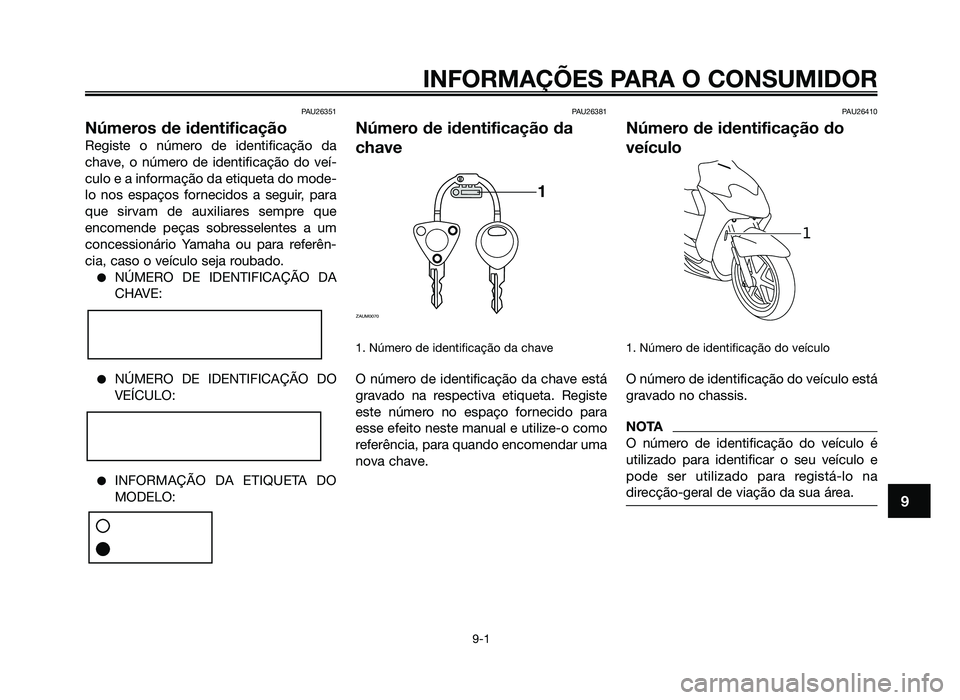 YAMAHA JOG50R 2014 Manual de utilização (in Portuguese) PAU26351
Números de identificação
Registe o número de identificação da
chave, o número de identificação do veí-
culo e a informação da etiqueta do mode-
lo nos espaços fornecidos a seguir YAMAHA JOG50R 2014 Manual de utilização (in Portuguese) PAU26351
Números de identificação
Registe o número de identificação da
chave, o número de identificação do veí-
culo e a informação da etiqueta do mode-
lo nos espaços fornecidos a seguir