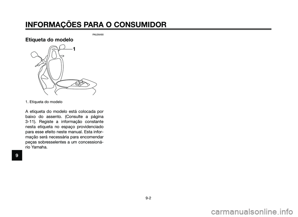 YAMAHA JOG50R 2014 Manual de utilização (in Portuguese) PAU26490
Etiqueta do modelo
1. Etiqueta do modelo
A etiqueta do modelo está colocada por
baixo do assento. (Consulte a página
3-11). Registe a informação constante
nesta etiqueta no espaço provi YAMAHA JOG50R 2014 Manual de utilização (in Portuguese) PAU26490
Etiqueta do modelo
1. Etiqueta do modelo
A etiqueta do modelo está colocada por
baixo do assento. (Consulte a página
3-11). Registe a informação constante
nesta etiqueta no espaço provi