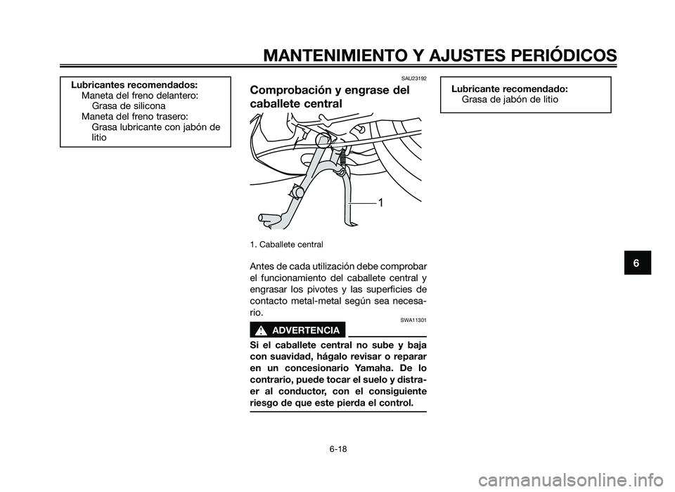 YAMAHA JOG50R 2014  Manuale de Empleo (in Spanish) SAU23192
Comprobación y engrase del
caballete central
1. Caballete central
Antes \fe ca\fa utilizaci\bn \febe comprobar
el  funcionamiento  \fel  caballete  central  y
engrasar  los  pivotes  y  las 