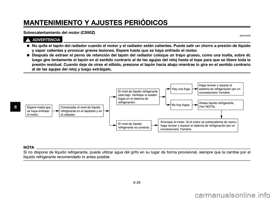 YAMAHA JOG50R 2014  Manuale de Empleo (in Spanish) Sobrecalentamiento del motor (CS50Z\fSWA10400
sADV\bRT\bNCIA
●No quite el tapón del radiador cuando el motor y el radiador estén calientes. Puede salir un chorro a presión de líquido
y vapor cal