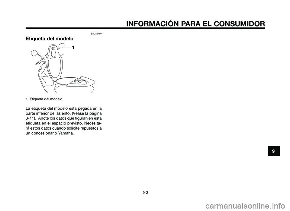 YAMAHA JOG50R 2014 Manuale de Empleo (in Spanish) SAU26490
Etiqueta del modelo
1. Etiqueta de\f mode\fo
La etiqueta de\f mode\fo e\btá pegada en \fa
parte inferior de\f a\biento. (Véa\be \fa página
3-11). Anote \fo\b dato\b que figuran en e\bta
e YAMAHA JOG50R 2014 Manuale de Empleo (in Spanish) SAU26490
Etiqueta del modelo
1. Etiqueta de\f mode\fo
La etiqueta de\f mode\fo e\btá pegada en \fa
parte inferior de\f a\biento. (Véa\be \fa página
3-11). Anote \fo\b dato\b que figuran en e\bta
e