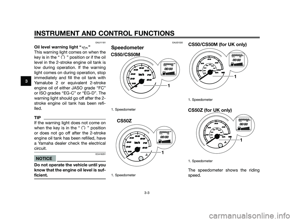 YAMAHA JOG50R 2012 Owners Manual EAU11181
Oil level warning light “ ”
This warning light comes on when the
key is in the “ ” position or if the oil
level in the 2-stroke engine oil tank is
low during operation. If the warnin YAMAHA JOG50R 2012 Owners Manual EAU11181
Oil level warning light “ ”
This warning light comes on when the
key is in the “ ” position or if the oil
level in the 2-stroke engine oil tank is
low during operation. If the warnin