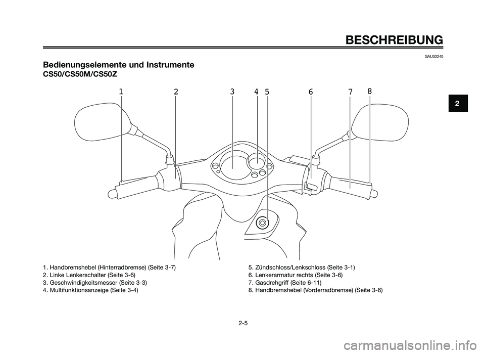 YAMAHA JOG50R 2012 Betriebsanleitungen (in German) GAU32240
Bedienungselemente\/ und Instrumente
CS50/CS50\f/CS50Z
12 3 4
5 6 7 8
BESCH\bEIBUNG
2-5
2
1. Handbre\fshebel \bHinterradbre\fse) \bSeite 3-7)
2. Linke Lenkerschalter \bSeite 3-6)
3. Geschwind YAMAHA JOG50R 2012 Betriebsanleitungen (in German) GAU32240
Bedienungselemente\/ und Instrumente
CS50/CS50\f/CS50Z
12 3 4
5 6 7 8
BESCH\bEIBUNG
2-5
2
1. Handbre\fshebel \bHinterradbre\fse) \bSeite 3-7)
2. Linke Lenkerschalter \bSeite 3-6)
3. Geschwind