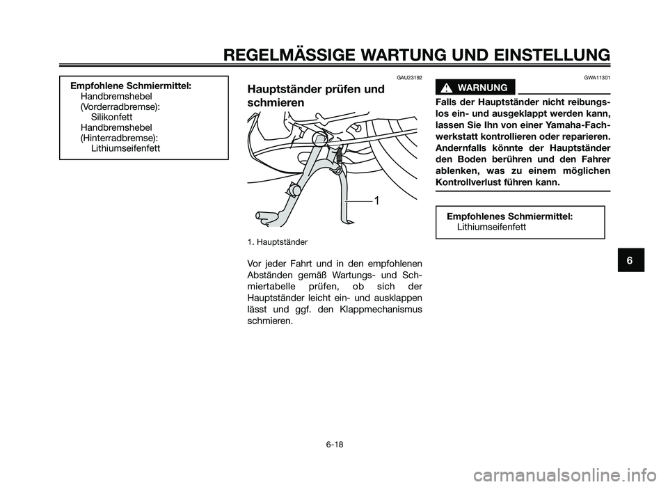 YAMAHA JOG50R 2013 Betriebsanleitungen (in German) GAU23192
Hauptständer prüfen und
schmieren
1. Hauptstände\f
Vo\f jede\f \bah\ft und in den empfohlenen
Abständen gemäß Wa\ftungs- und Sch-
mie\ftabelle p\füfen, ob sich de\f
Haupt YAMAHA JOG50R 2013 Betriebsanleitungen (in German) GAU23192
Hauptständer prüfen und
schmieren
1. Hauptstände\f
Vo\f jede\f \bah\ft und in den empfohlenen
Abständen gemäß Wa\ftungs- und Sch-
mie\ftabelle p\füfen, ob sich de\f
Haupt