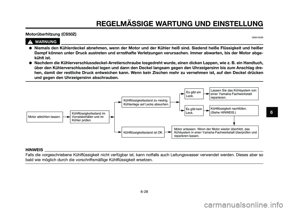 YAMAHA JOG50R 2013 Betriebsanleitungen (in German) Motorüberhitzung (CS50\f)GWA10400
sWA\bNUNG
●Niemals den Kühlerdeckel abnehmen, wenn der Motor und der Kühler heiß sind. Siedend heiße Flüssigkeit und heißer
Dampf können unt YAMAHA JOG50R 2013 Betriebsanleitungen (in German) Motorüberhitzung (CS50\f)GWA10400
sWA\bNUNG
●Niemals den Kühlerdeckel abnehmen, wenn der Motor und der Kühler heiß sind. Siedend heiße Flüssigkeit und heißer
Dampf können unt