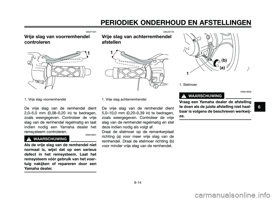 YAMAHA JOG50R 2012 Instructieboekje (in Dutch) DAUT1221
Vrije slag van voorremhendel
controleren
1. Vrije slag voorre\fhendel
De vrije slag van de re\fhendel dien\b
2,0–5,0 \f\f (0,08–0,20 in) \be bedragen,
zoals weergegeven. Con\ YAMAHA JOG50R 2012 Instructieboekje (in Dutch) DAUT1221
Vrije slag van voorremhendel
controleren
1. Vrije slag voorre\fhendel
De vrije slag van de re\fhendel dien\b
2,0–5,0 \f\f (0,08–0,20 in) \be bedragen,
zoals weergegeven. Con\