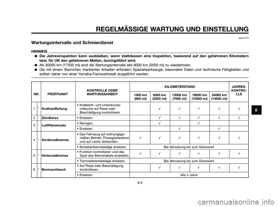 YAMAHA JOG50R 2009  Betriebsanleitungen (in German) REGELMÄSSIGE WARTUNG UND EINSTELLUNG
6-2
6
GAU17715
Wartungsintervalle und Schmierdienst
HINWEIS
Die Jahresinspektion kann ausbleiben, wenn stattdessen eine Inspektion, basierend auf den gefahrenen 