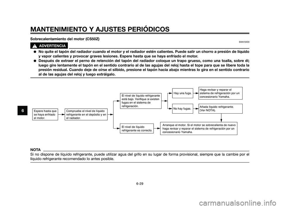 YAMAHA JOG50R 2009  Manuale de Empleo (in Spanish) Sobrecalentamiento del motor (CS50Z)SWA10400
s s
ADVERTENCIA
No quite el tapón del radiador cuando el motor y el radiador estén calientes. Puede salir un chorro a presión de líquido
y vapor calie