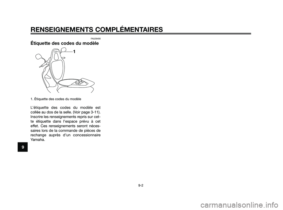 YAMAHA JOG50R 2009 Notices Demploi (in French) FAU26490
Étiquette des codes du modèle
1. Étiquette des codes du modèle
L’étiquette des codes du modèle est
collée au dos de la selle. (Voir page 3-11).
Inscrire les renseignements repris sur YAMAHA JOG50R 2009 Notices Demploi (in French) FAU26490
Étiquette des codes du modèle
1. Étiquette des codes du modèle
L’étiquette des codes du modèle est
collée au dos de la selle. (Voir page 3-11).
Inscrire les renseignements repris sur