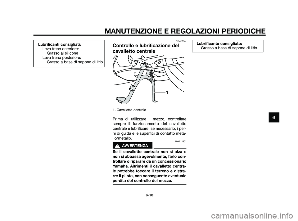 YAMAHA JOG50R 2009  Manuale duso (in Italian) HAU23192
Controllo e lubrificazione del
cavalletto centrale
1. Cavalletto centrale
Prima di utilizzare il mezzo, controllare
sempre il funzionamento del cavalletto
centrale e lubrificare, se necessari