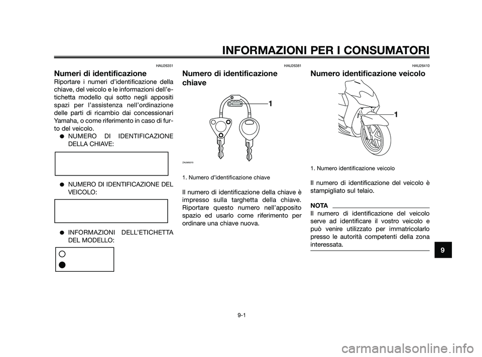 YAMAHA JOG50R 2009  Manuale duso (in Italian) HAU26351
Numeri di identificazione
Riportare i numeri d’identificazione della
chiave, del veicolo e le informazioni dell’e-
tichetta modello qui sotto negli appositi
spazi per l’assistenza nell