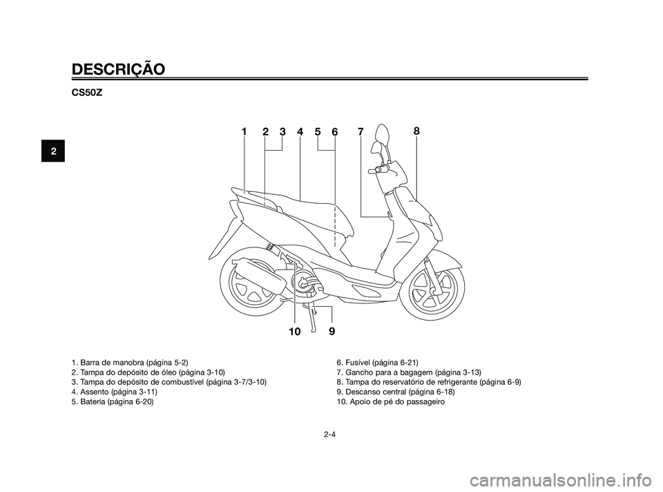 YAMAHA JOG50R 2009  Manual de utilização (in Portuguese) CS50Z
13 24
678
1095
DESCRIÇÃO
2-4
2
1. Barra de manobra (página 5-2)
2. Tampa do depósito de óleo (página 3-10)
3. Tampa do depósito de combustível (página 3-7/3-10)
4. Assento (página 3-11