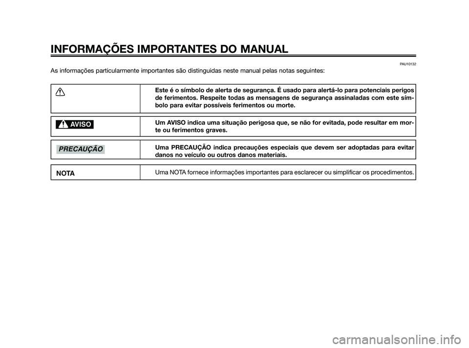 YAMAHA JOG50R 2009  Manual de utilização (in Portuguese) PAU10132
As informações particularmente importantes são distinguidas neste manual pelas notas seguintes:
INFORMAÇÕES IMPORTANTES DO MANUAL
Este é o símbolo de alerta de segurança. É usado par