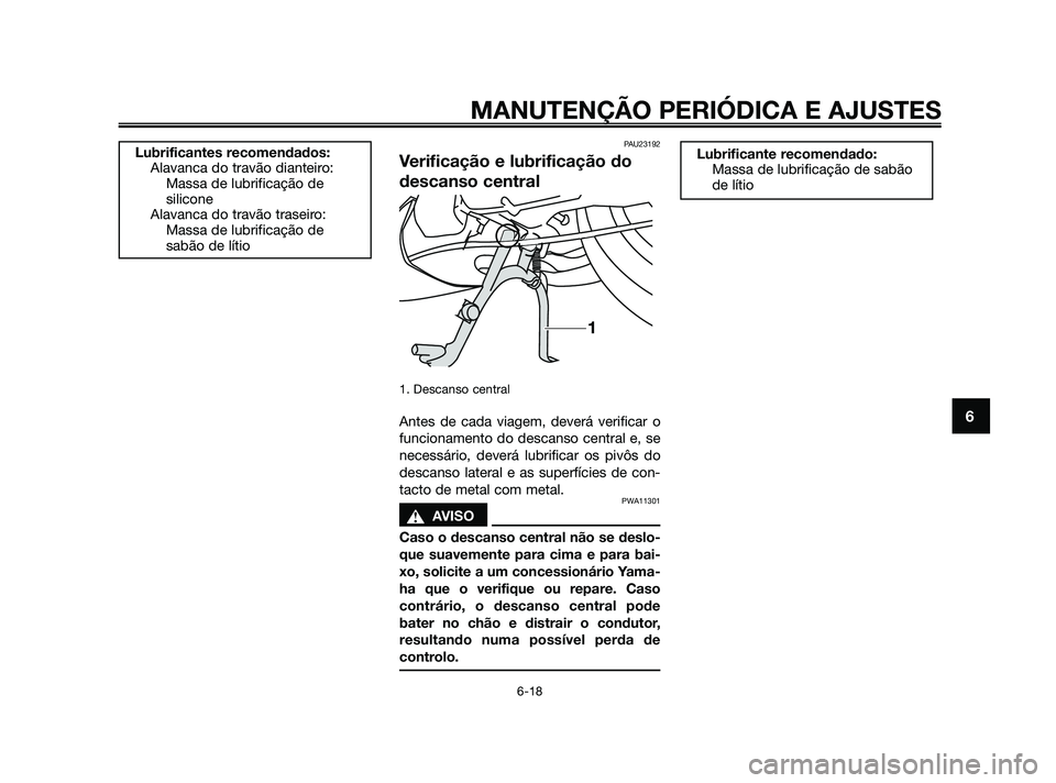 YAMAHA JOG50R 2009  Manual de utilização (in Portuguese) PAU23192
Verificação e lubrificação do
descanso central
1. Descanso central
Antes de cada viagem, deverá verificar o
funcionamento do descanso central e, se
necessário, deverá lubrificar os piv