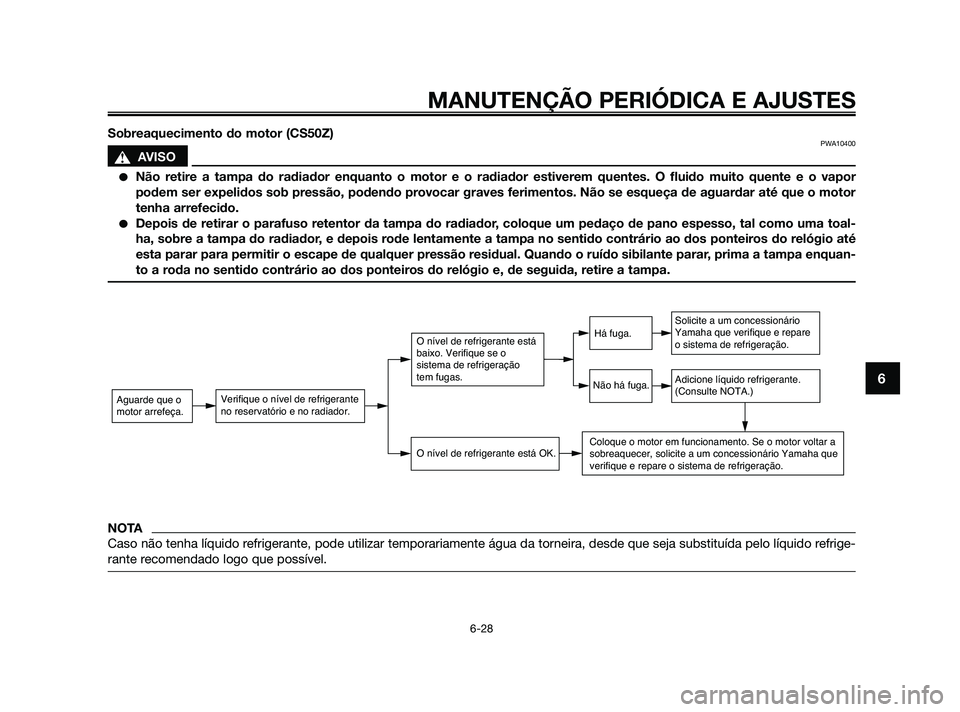 YAMAHA JOG50R 2009  Manual de utilização (in Portuguese) Sobreaquecimento do motor (CS50Z)PWA10400
sAVISO
Não retire a tampa do radiador enquanto o motor e o radiador estiverem quentes. O fluido muito quente e o vapor
podem ser expelidos sob pressão, pod