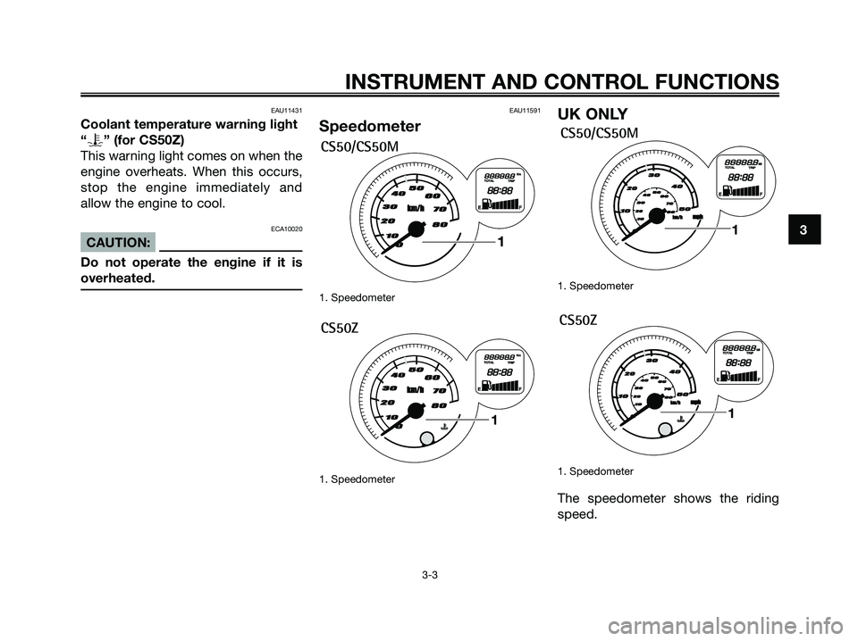 YAMAHA JOG50R 2008 User Guide EAU11431
Coolant temperature warning light
“y” (for CS50Z)
This warning light comes on when the
engine overheats. When this occurs,
stop the engine immediately and
allow the engine to cool.
ECA100