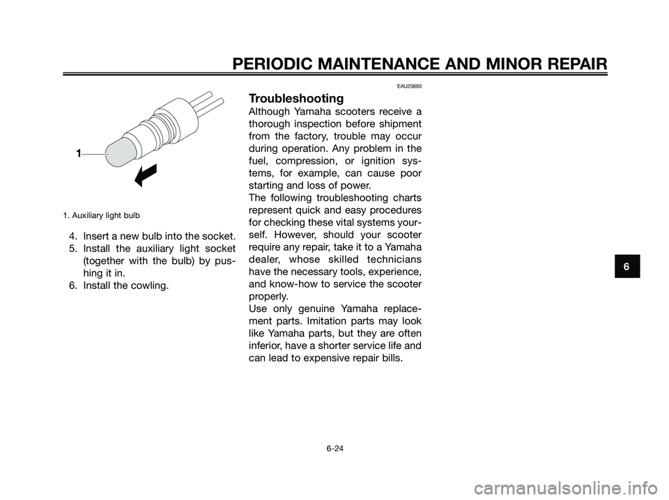 YAMAHA JOG50R 2008 Workshop Manual 1. Auxiliary light bulb
4. Insert a new bulb into the socket.
5. Install the auxiliary light socket
(together with the bulb) by pus-
hing it in.
6. Install the cowling.
EAU25880
Troubleshooting
Althou