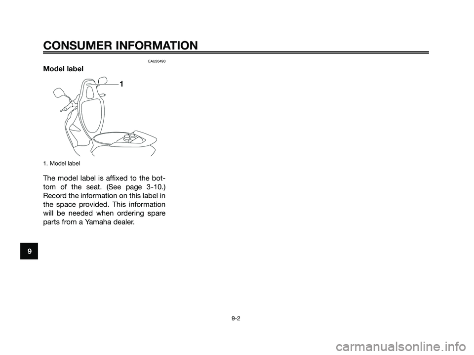 YAMAHA JOG50R 2008 Repair Manual EAU26490
Model label
1. Model label
The model label is affixed to the bot-
tom of the seat. (See page 3-10.)
Record the information on this label in
the space provided. This information
will be needed