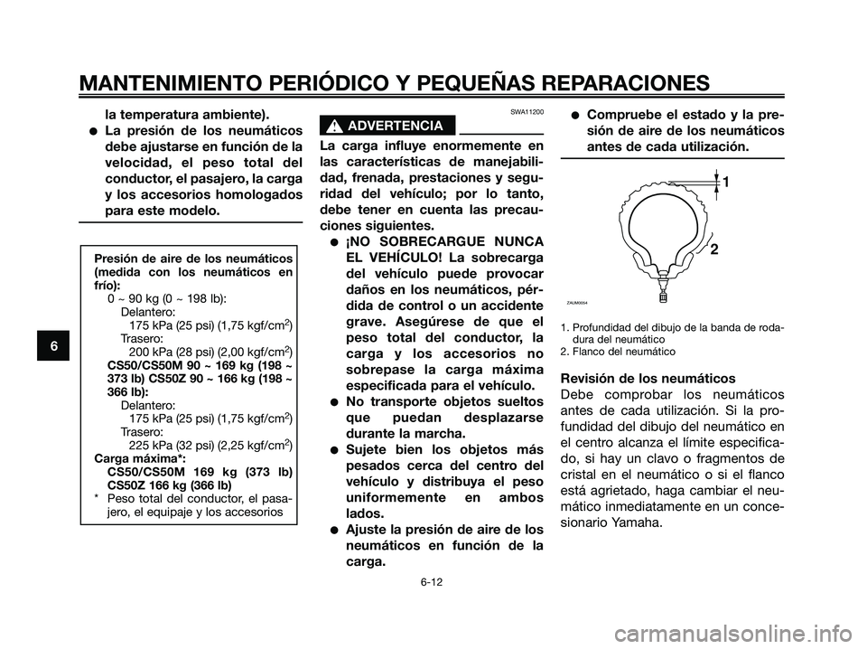 YAMAHA JOG50R 2008 Manuale de Empleo (in Spanish) la temperatura ambiente).
●La presión de los neumáticos
debe ajustarse en función de la
velocidad, el peso total del
conductor, el pasajero, la carga
y los accesorios homologados
para este modelo YAMAHA JOG50R 2008 Manuale de Empleo (in Spanish) la temperatura ambiente).
●La presión de los neumáticos
debe ajustarse en función de la
velocidad, el peso total del
conductor, el pasajero, la carga
y los accesorios homologados
para este modelo