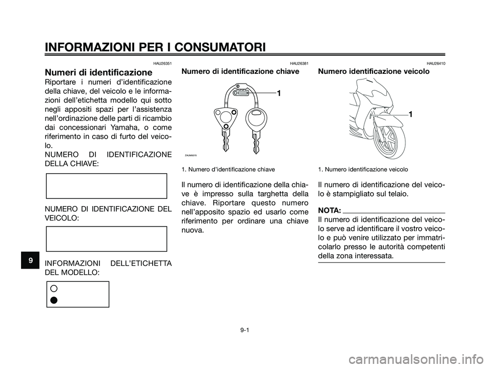 YAMAHA JOG50R 2008  Manuale duso (in Italian) HAU26351
Numeri di identificazione
Riportare i numeri d’identificazione
della chiave, del veicolo e le informa-
zioni dell’etichetta modello qui sotto
negli appositi spazi per l’assistenza
nell