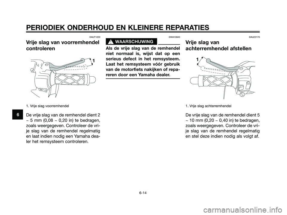 YAMAHA JOG50R 2008 Instructieboekje (in Dutch) DAUT1220
Vrije slag van voorremhendel
controleren
1. Vrije slag voorremhendel
De vrije slag van de remhendel dient 2
~ 5 mm (0,08 ~ 0,20 in) te bedragen,
zoals weergegeven. Controleer de vri-
je slag YAMAHA JOG50R 2008 Instructieboekje (in Dutch) DAUT1220
Vrije slag van voorremhendel
controleren
1. Vrije slag voorremhendel
De vrije slag van de remhendel dient 2
~ 5 mm (0,08 ~ 0,20 in) te bedragen,
zoals weergegeven. Controleer de vri-
je slag