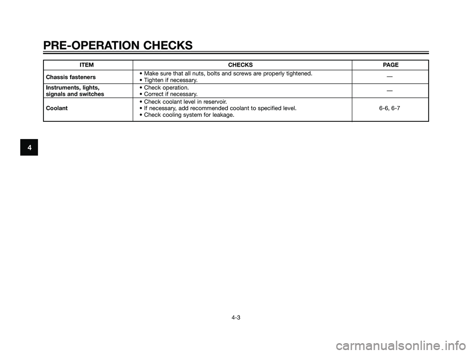 YAMAHA JOG50R 2006 Owners Manual ITEM CHECKS PAGE
Chassis fasteners• Make sure that all nuts, bolts and screws are properly tightened.
• Tighten if necessary.—
Instruments, lights, • Check operation.
signals and switches• C