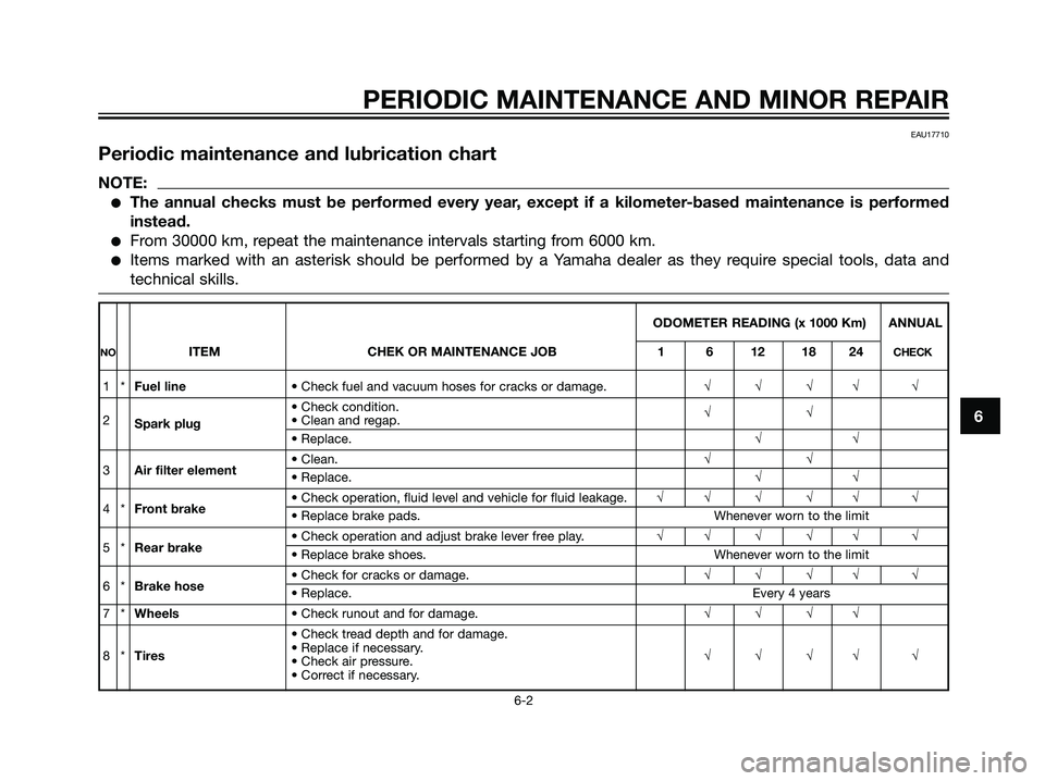YAMAHA JOG50R 2007  Owners Manual EAU17710
Periodic maintenance and lubrication chart
NOTE:
The annual checks must be performed every year, except if a kilometer-based maintenance is performed
instead.
From 30000 km, repeat the main