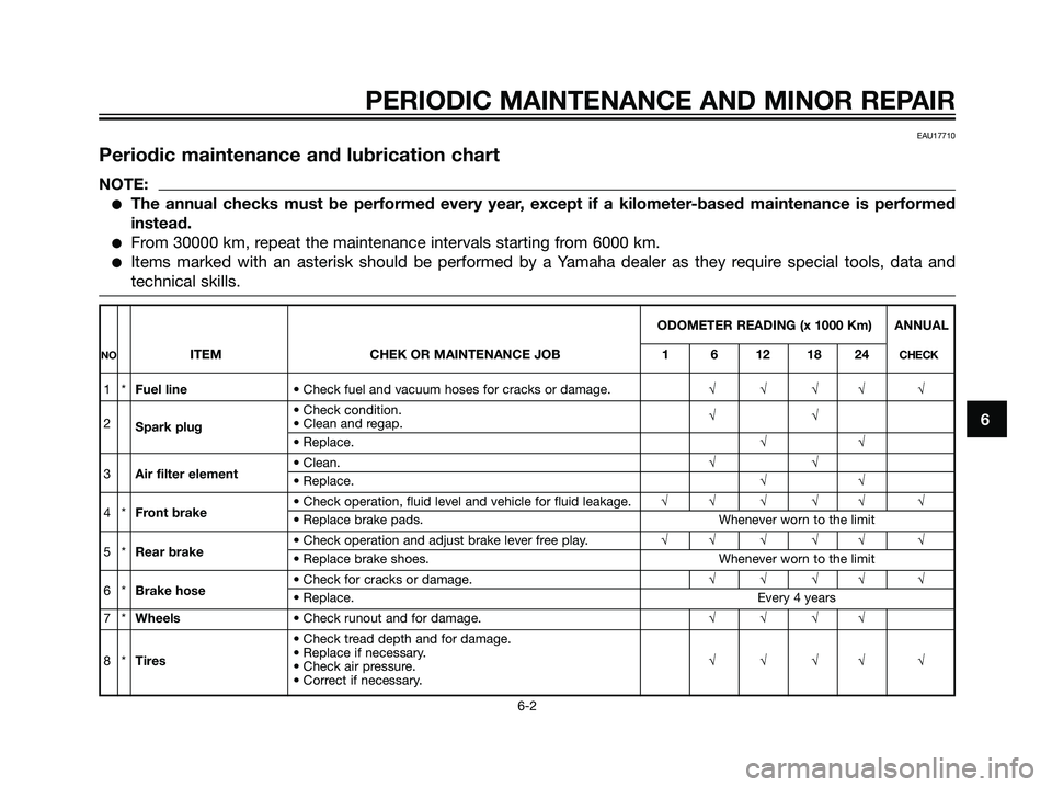 YAMAHA JOG50R 2006 Owners Manual EAU17710
Periodic maintenance and lubrication chart
NOTE:
The annual checks must be performed every year, except if a kilometer-based maintenance is performed
instead.
From 30000 km, repeat the main