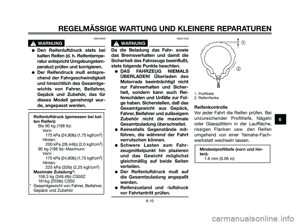 YAMAHA JOG50R 2006  Betriebsanleitungen (in German) GWA10500
s s
WARNUNG
Den Reifenluftdruck stets bei
kalten Reifen (d. h. Reifentempe-
ratur entspricht Umgebungstem-
peratur) prüfen und korrigieren.
Der Reifendruck muß entspre-
chend der Fahrgesc