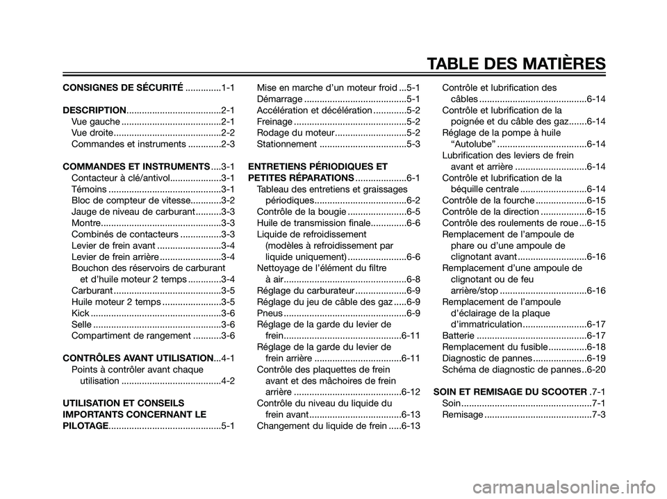 YAMAHA JOG50R 2005  Notices Demploi (in French) CONSIGNES DE SÉCURITÉ..............1-1
DESCRIPTION.....................................2-1
Vue gauche .......................................2-1
Vue droite..........................................2