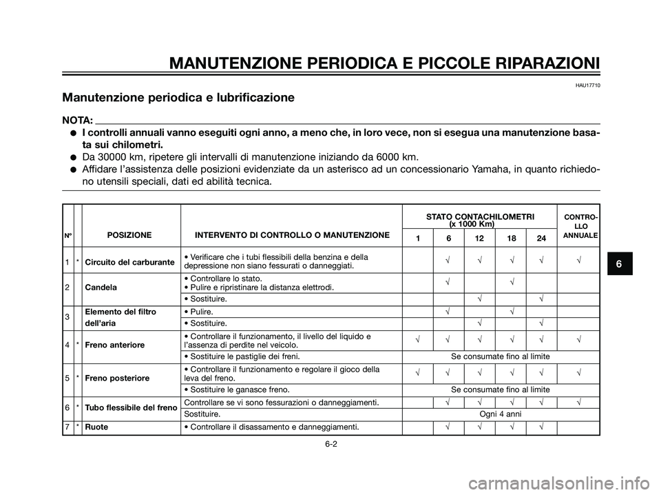 YAMAHA JOG50R 2007  Manuale duso (in Italian) HAU17710
Manutenzione periodica e lubrificazione
NOTA:
I controlli annuali vanno eseguiti ogni anno, a meno che, in loro vece, non si esegua una manutenzione basa-
ta sui chilometri.
Da 30000 km, ri