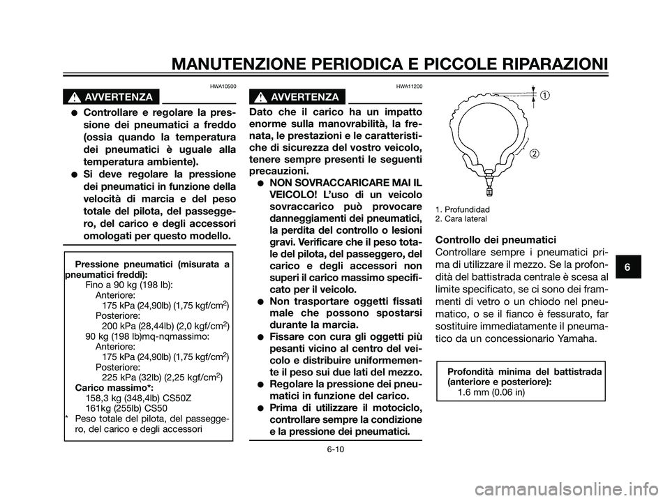 YAMAHA JOG50R 2007  Manuale duso (in Italian) HWA10500
s s
AVVERTENZA
Controllare e regolare la pres-
sione dei pneumatici a freddo
(ossia quando la temperatura
dei pneumatici è uguale alla
temperatura ambiente).
Si deve regolare la pressione
