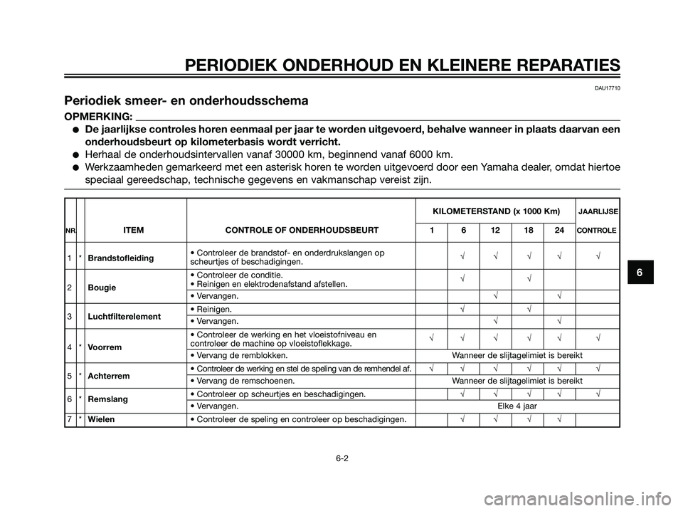 YAMAHA JOG50R 2006  Instructieboekje (in Dutch) DAU17710
Periodiek smeer- en onderhoudsschema
OPMERKING:
De jaarlijkse controles horen eenmaal per jaar te worden uitgevoerd, behalve wanneer in plaats daarvan een
onderhoudsbeurt op kilometerbasis w