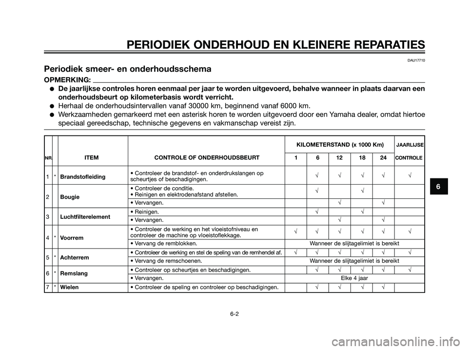 YAMAHA JOG50R 2005  Instructieboekje (in Dutch) DAU17710
Periodiek smeer- en onderhoudsschema
OPMERKING:
De jaarlijkse controles horen eenmaal per jaar te worden uitgevoerd, behalve wanneer in plaats daarvan een
onderhoudsbeurt op kilometerbasis w