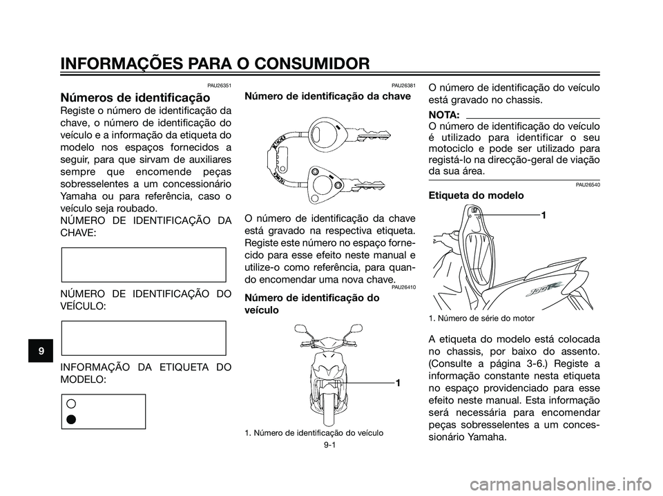 YAMAHA JOG50R 2007  Manual de utilização (in Portuguese) PAU26351
Números de identificação
Registe o número de identificação da
chave, o número de identificação do
veículo e a informação da etiqueta do
modelo nos espaços fornecidos a
seguir, pa
