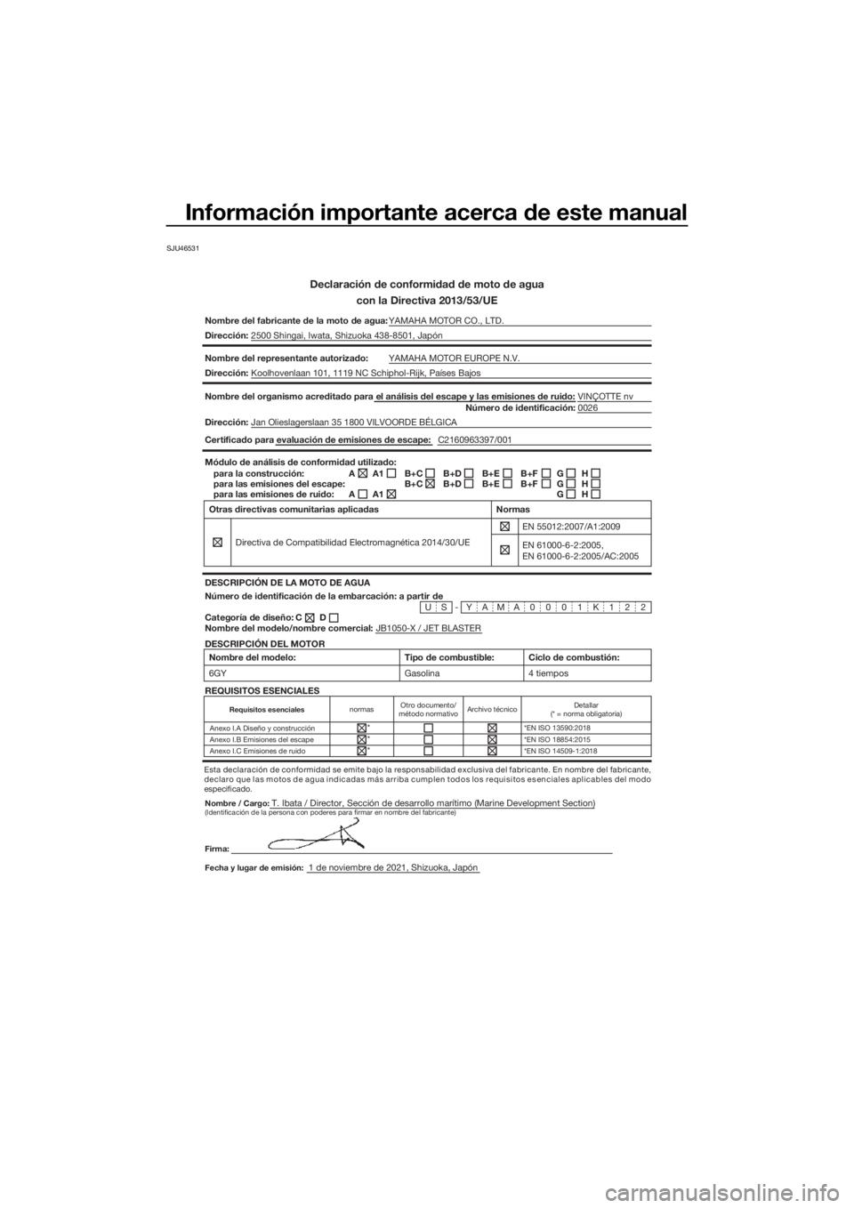YAMAHA JETBLASTER 2022  Manuale de Empleo (in Spanish) Información importante acerca de este manual
SJU46531
Declaración de conformidad de moto de aguacon la Directiva 2013/53/UE
Nombre del fabricante de la moto de agua: YAMAHA MOTOR CO., LTD.
Direcció