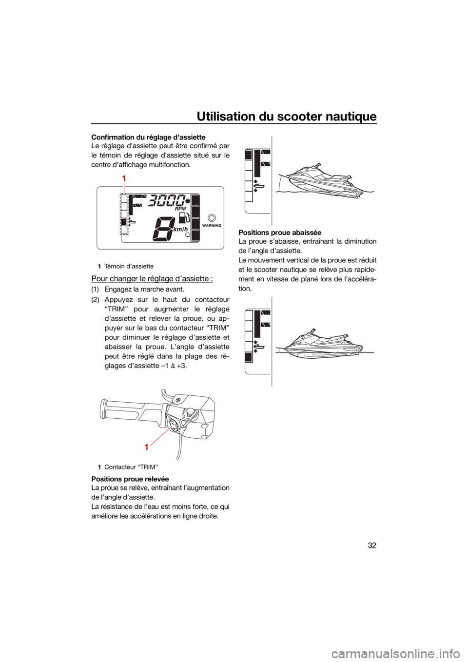 YAMAHA JETBLASTER 2022 Notices Demploi (in French) Utilisation du scooter nautique
32
Confirmation du réglage d’assiette
Le réglage d’assiette peut être confirmé par
le témoin de réglage d’assiette situé sur le
centre d’affichage multif YAMAHA JETBLASTER 2022 Notices Demploi (in French) Utilisation du scooter nautique
32
Confirmation du réglage d’assiette
Le réglage d’assiette peut être confirmé par
le témoin de réglage d’assiette situé sur le
centre d’affichage multif